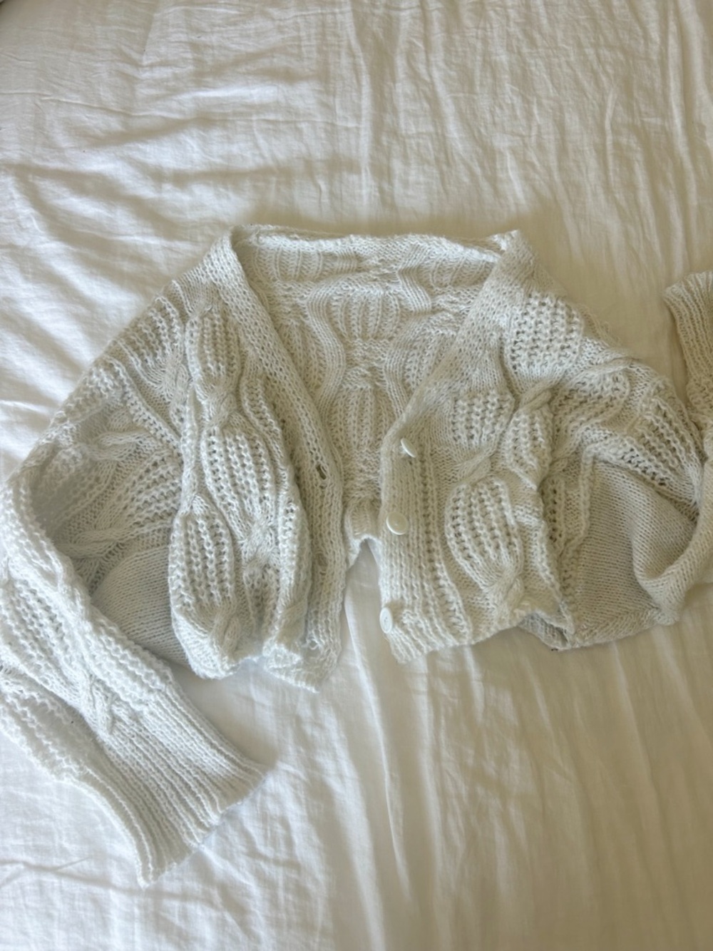 White knit cropped button cardigan